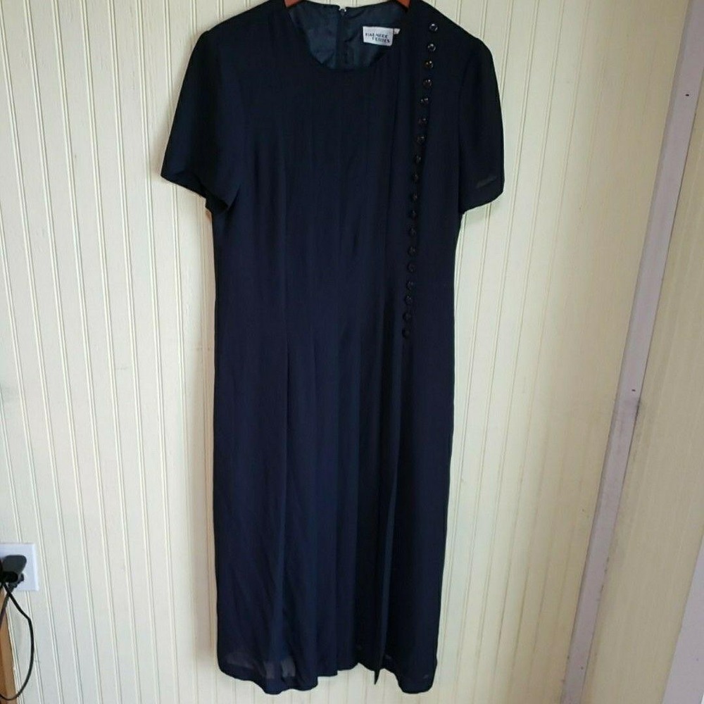 Halmode Petites Dress Womens 12 Blue Solid Short Sleeve Crew Neck‎ Midi Button